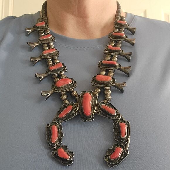 Vintage Navajo 1960's Red Coral Squash Blossom Necklace - Picture 2 of 11